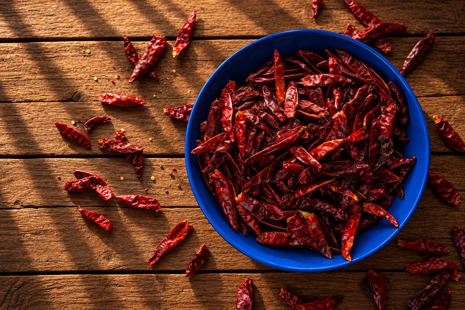Drobné červené sušené chilli v modré misce