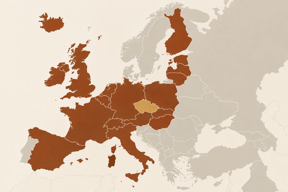 Mapa Evropy se zvýrazněnou Českou republikou