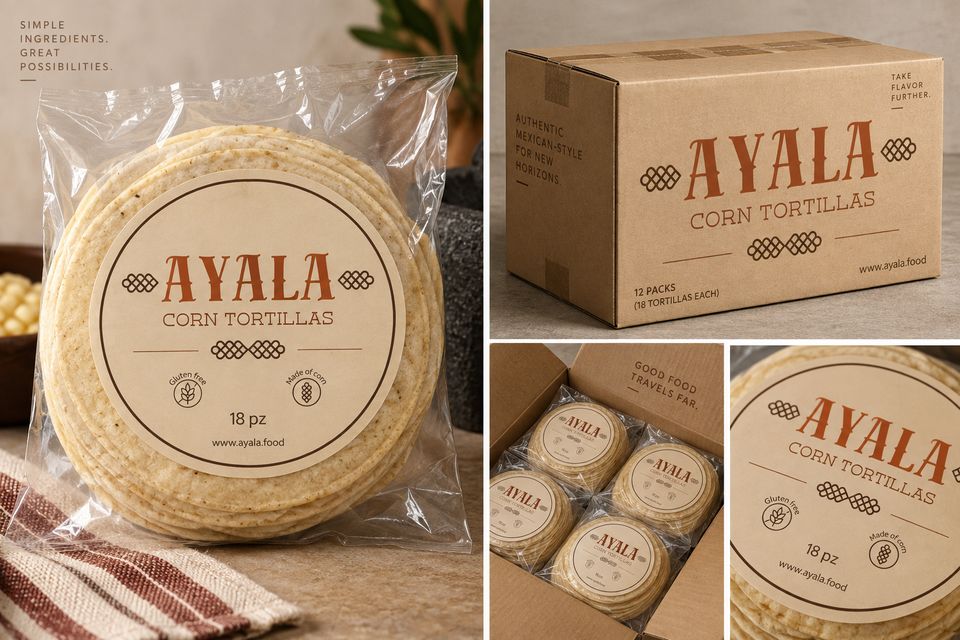 Balení kukuřičných tortill AYALA a přepravní karton
