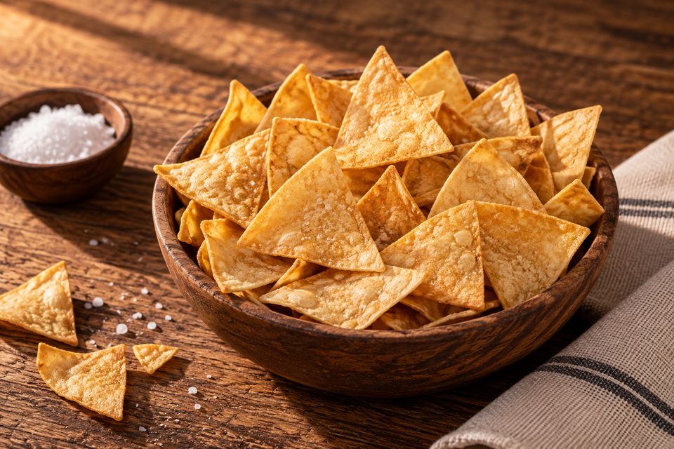 Tortillové chipsy v dřevěné misce